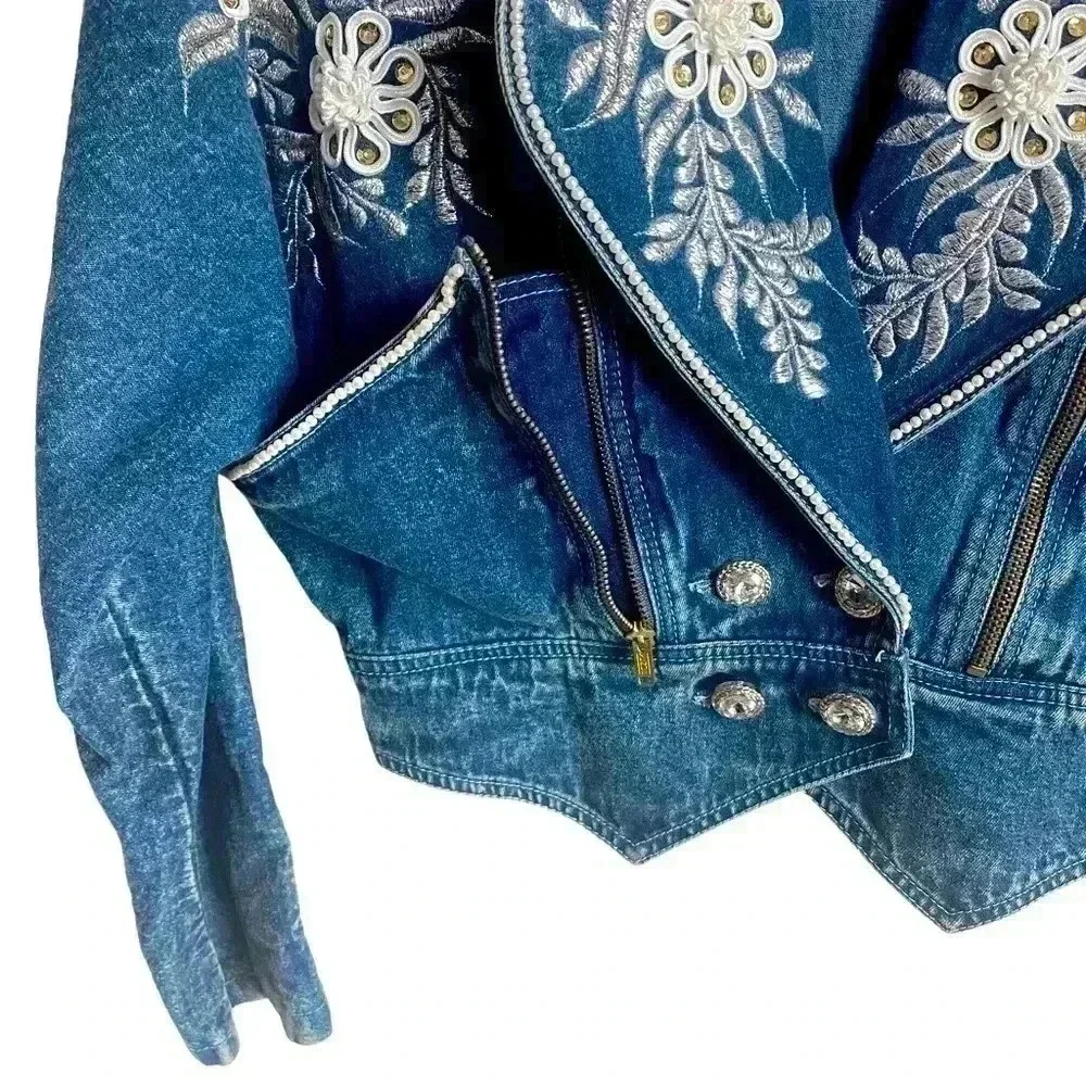 Vintage 80s Denim Jean Jacket Embroidered Double Breasted Acid Wash Size… - Picture 6 of 10